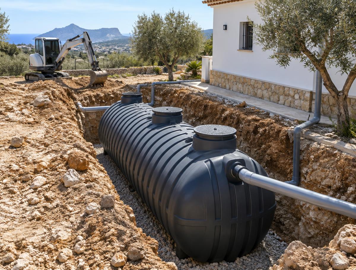 Imagen ilustrativa de un depósito instalado junto a una vivienda mediterránea
